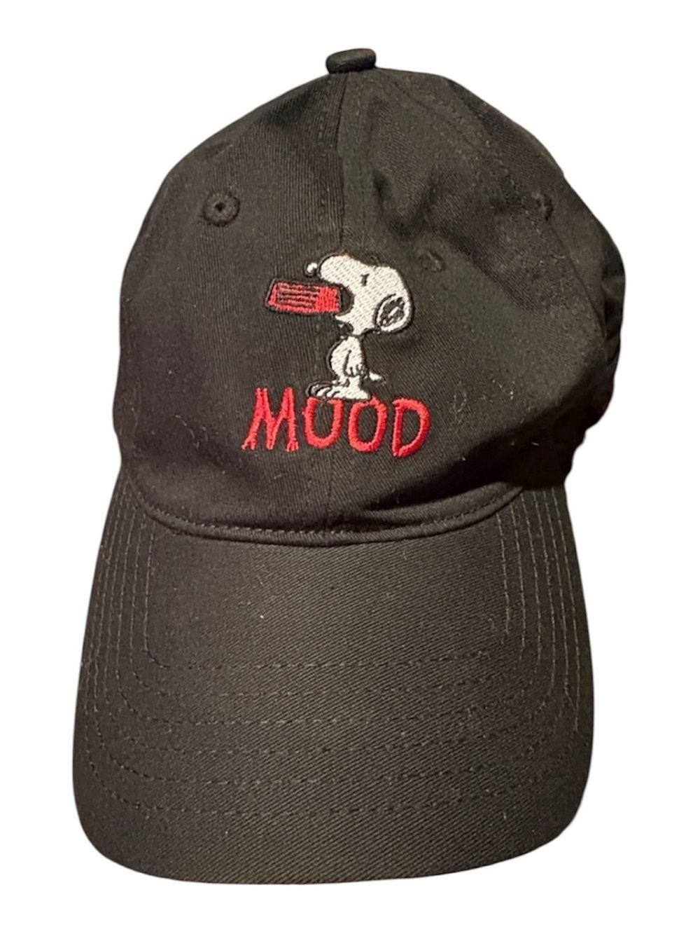 Peanuts Black Snoopy "Mood" Embroidered Baseball Cap with Red Accent